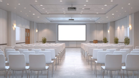 Bright and quiet conference room with mounted projector aimed at a blank presentation screenの素材