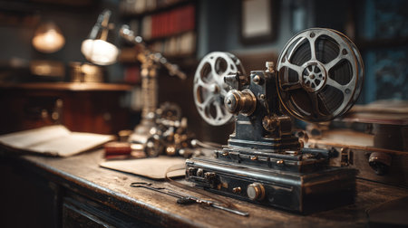 mm film winding off reel beside editing tools on an old cinema workbenchの素材