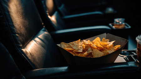 A single box of nachos on a theater tray beside a folded seat in dim lightingの素材