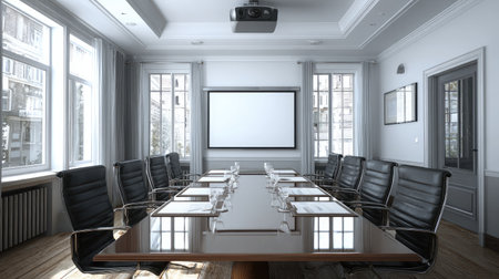 Boardroom setup with ceiling projector turned on, showing a blank screen and reflecting on the table surfaceの素材