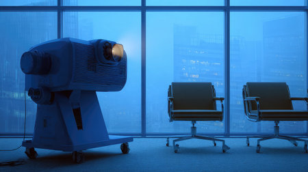 Office interior showing an unused projector in a professional conference room with floor-to-ceiling windowsの素材
