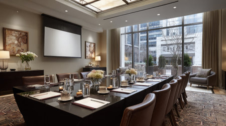 Boardroom setup with ceiling projector turned on, showing a blank screen and reflecting on the table surfaceの素材