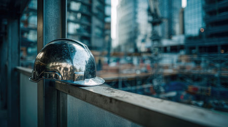 Clean construction helmet on a metal railing at an empty urban building siteの素材