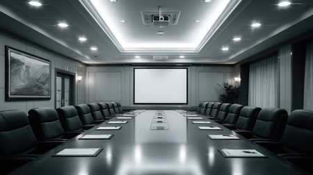 Boardroom setup with ceiling projector turned on, showing a blank screen and reflecting on the table surfaceの素材