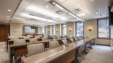 Bright and empty conference room with digital projector equipment and a clean, neutral color paletteの素材