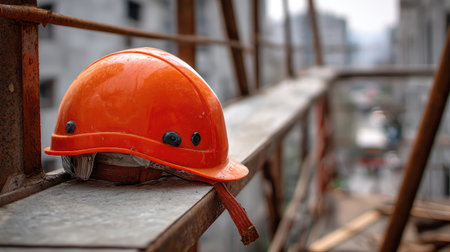 Clean construction helmet on a metal railing at an empty urban building siteの素材
