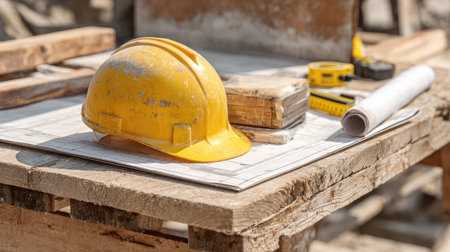 Construction site table with yellow helmet, measuring tape, and rolled-up plansの素材