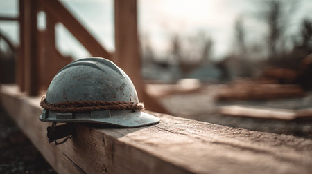 Close-up of a construction helmet resting on a wooden beam at a building site with blurred backgroundの素材
