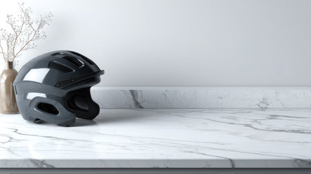 Minimalist scene with matte black cycling helmet on white marble countertopの素材
