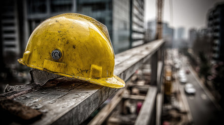 Clean construction helmet on a metal railing at an empty urban building siteの素材