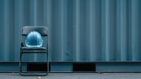 Blue hard hat placed on a folding chair in front of a metal container wallの素材