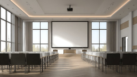 Bright and empty conference room with digital projector equipment and a clean, neutral color paletteの素材