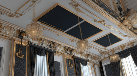 Cinema ceiling detail with elegant molding, chandeliers, and acoustic panelsの素材