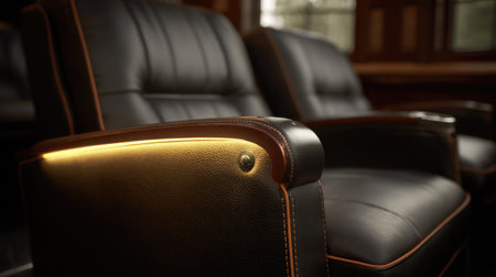 Close-up of theater seat armrest with built-in cupholder and illuminated aisle lightの素材