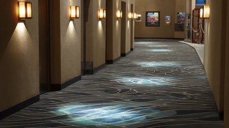 Cinema hallway with illuminated signs, patterned carpet, and glowing floor lightsの素材