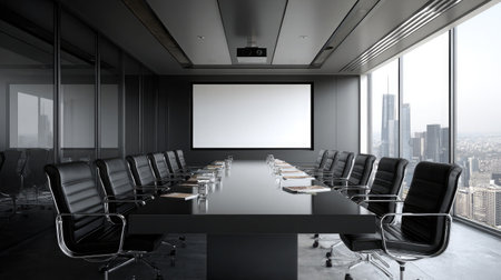 Clean corporate boardroom with built-in ceiling projector, screen partially lowered, and no people in sightの素材