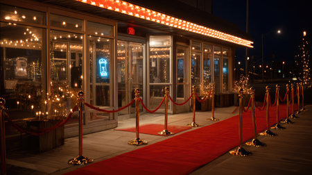 Film festival signage and decor outside an empty theater entranceの素材