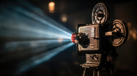 Close-up of a vintage film projector casting light across a dark theater roomの素材