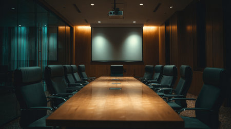 Business meeting room with a ceiling projector casting onto a blank screen, ambient office lightingの素材