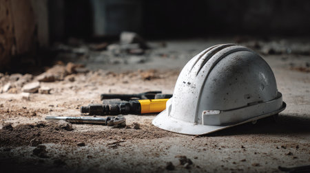 Construction helmet resting next to a set of tools on dusty concrete floorの素材