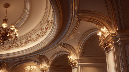 Cinema ceiling detail with elegant molding, chandeliers, and acoustic panelsの素材