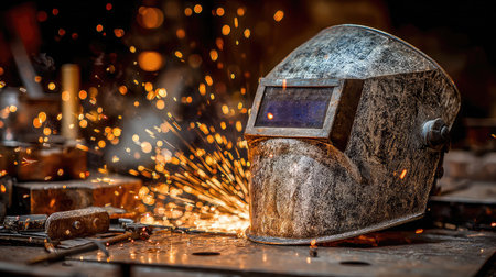 Welding helmet placed on a metal workbench surrounded by sparks and steel scrapsの素材