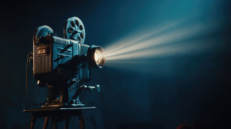 Close-up of a vintage film projector casting light across a dark theater roomの素材