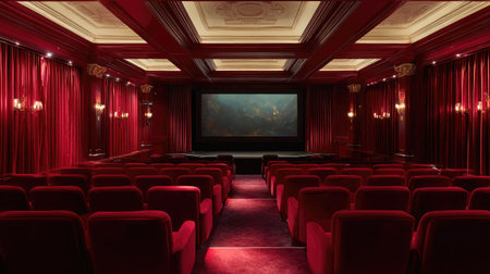 Cinema interior showing plush seats, aisle lighting, and red velvet drapesの素材