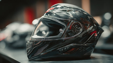 Close-up of a glossy motorcycle helmet on a matte black table with shallow depth of fieldの素材