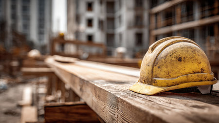 Close-up of a construction helmet resting on a wooden beam at a building site with blurred backgroundの素材