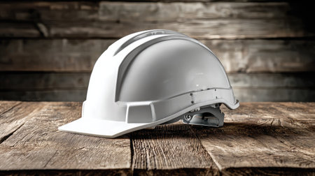 Clean white construction helmet isolated on a polished wooden table with soft shadowsの素材