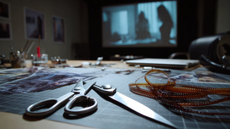 Film editing desk with strips of celluloid, scissors, and a view of cinema screenの素材