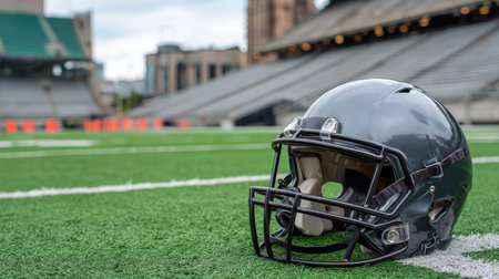 Football helmet on green turf with chalk lines and empty stadium bleachers in backgroundの素材