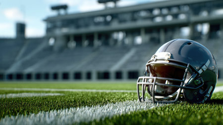 Football helmet on green turf with chalk lines and empty stadium bleachers in backgroundの素材