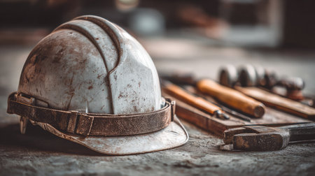 Construction helmet resting next to a set of tools on dusty concrete floorの素材