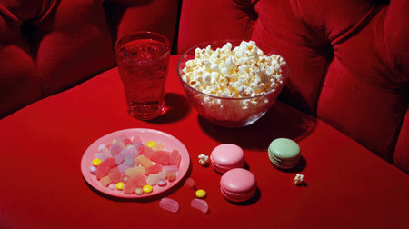 Pile of cinema snacks including popcorn, soda, and candy on a red velvet seatの素材