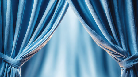 Close-up of theater curtains slightly parted, revealing the edges of a blank screenの素材