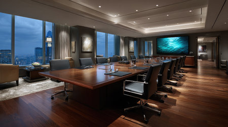 High-end corporate meeting room with large screen and digital projector equipment turned offの素材