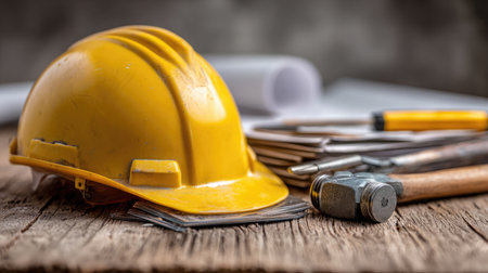 Bright yellow safety helmet sitting on a stack of blueprints and tools on a wooden deskの素材