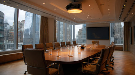 Conference table surrounded by executive chairs, projector hanging above, ready for a corporate meetingの素材