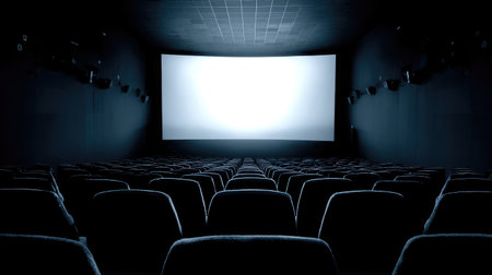 Rear view of an empty movie theater showing the rows of seats and large blank screenの素材