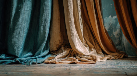 Close-up of theater curtains slightly parted, revealing the edges of a blank screenの素材