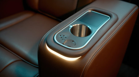 Close-up of theater seat armrest with built-in cupholder and illuminated aisle lightの素材