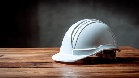 Clean white construction helmet isolated on a polished wooden table with soft shadowsの素材