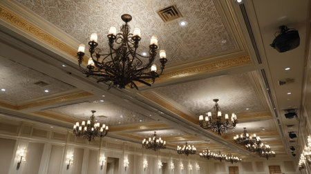 Cinema ceiling detail with elegant molding, chandeliers, and acoustic panelsの素材