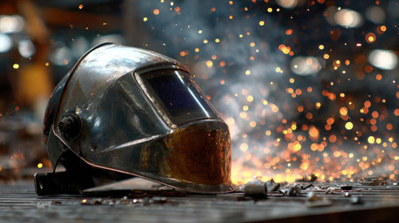 Welding helmet placed on a metal workbench surrounded by sparks and steel scrapsの素材