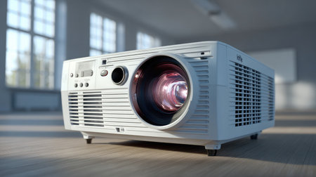 Close-up view of a digital projector ready for use in a clean and modern office meeting spaceの素材