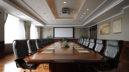 Empty boardroom featuring polished wood table, projector mounted to ceiling, and large viewing screenの素材