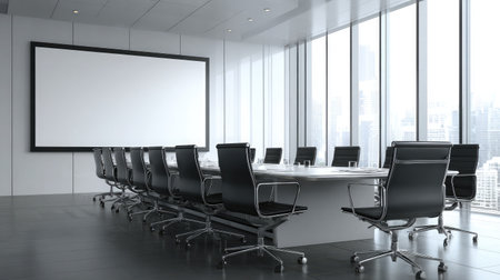 Projector casting an empty white screen in a modern conference room with glass walls and neat furnitureの素材