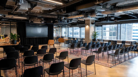 Interior of tech-ready meeting space with projector equipment and professional meeting layoutの素材